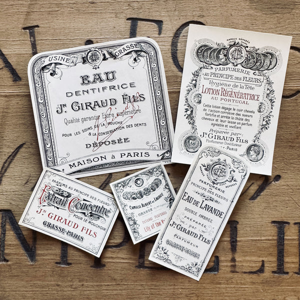 5 Late 1800's GIRAUD French Perfume Labels (0326-G13)