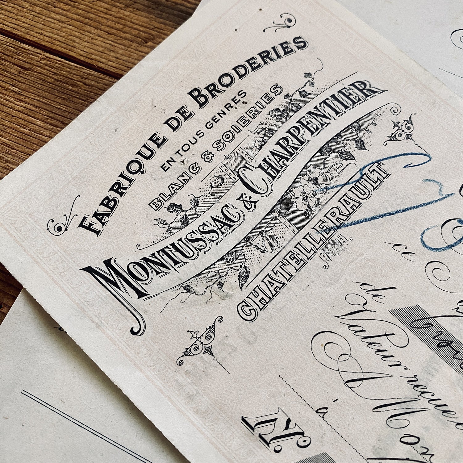 Montussac & Charpentier letterhead and check